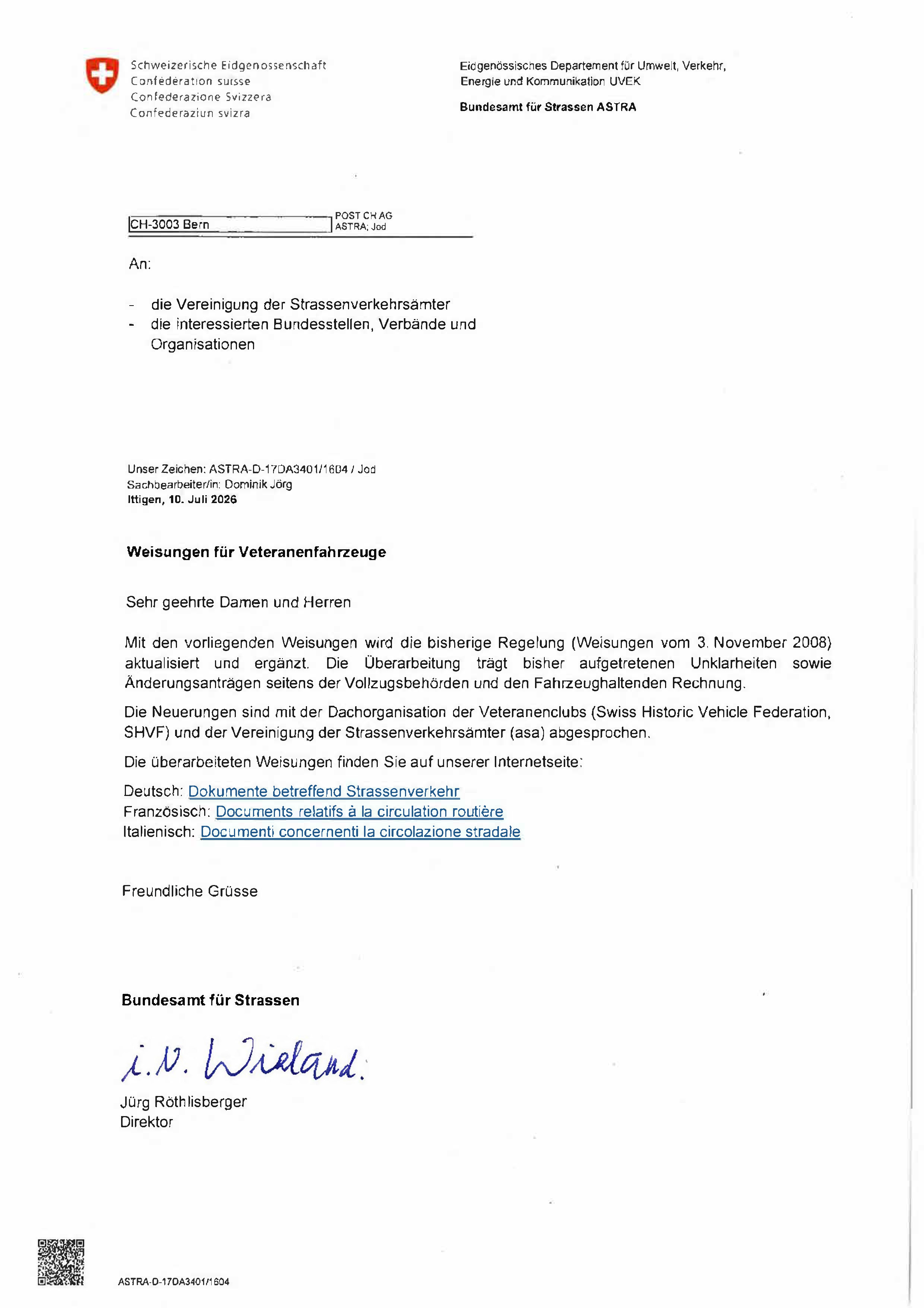 Schreiben vom ASTRA an die StVA vom 10.7.26